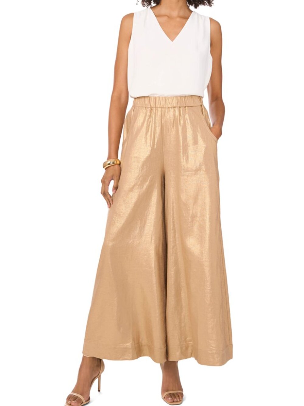 Vince Camuto Gold Metallic Shimmer Elastic Waist Wide Leg Linen Blend Pants